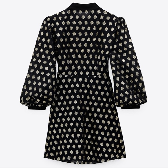 Zara Black with Gold Metallic Polka Dots Aline Button Up Holiday Dress - Picture 4 of 6